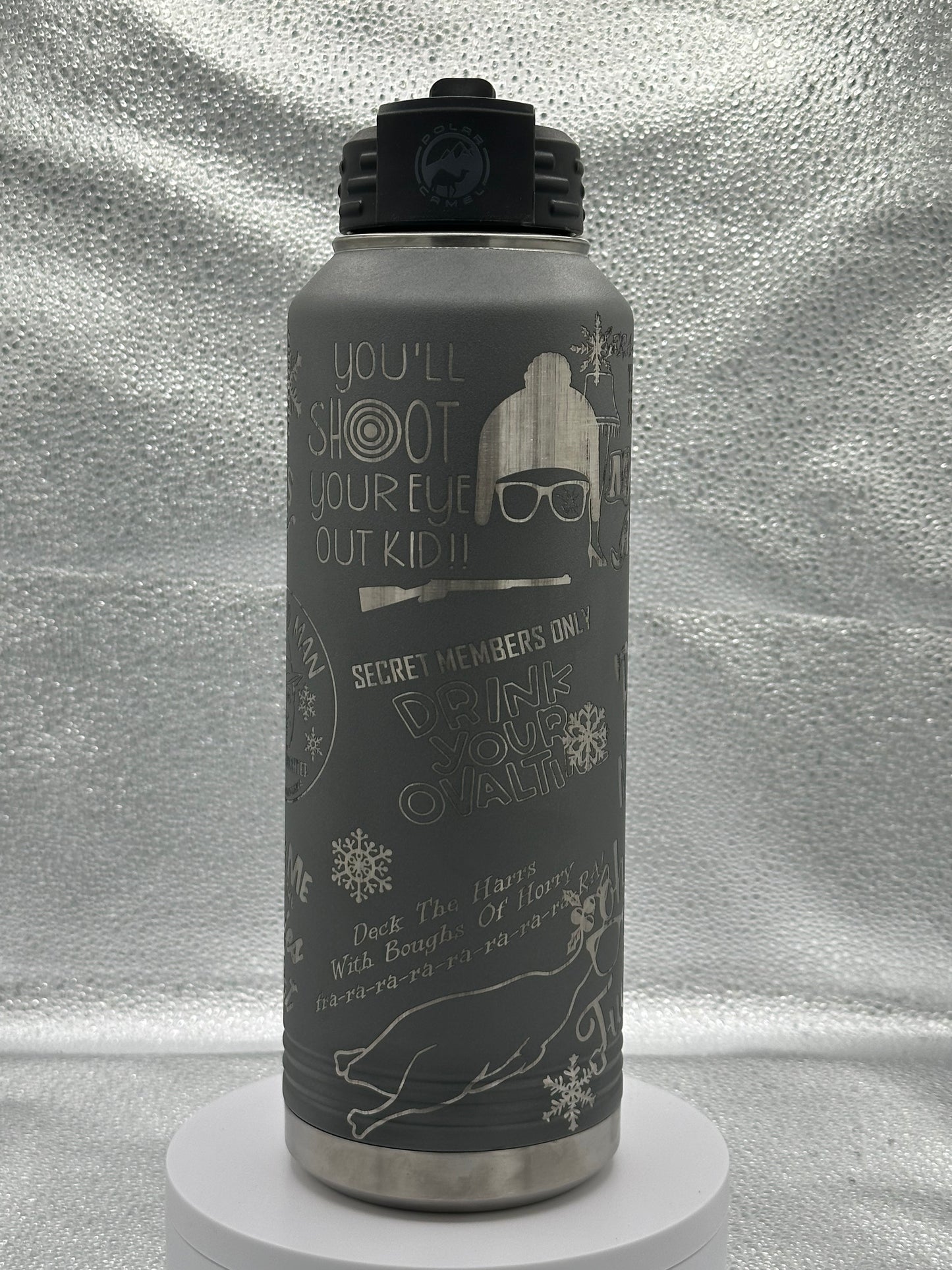 Full Wrap Custom Engraved Polar Camel 40 OZ. Vacuum Insulated Water Bottle Christmas Story Memories Grey